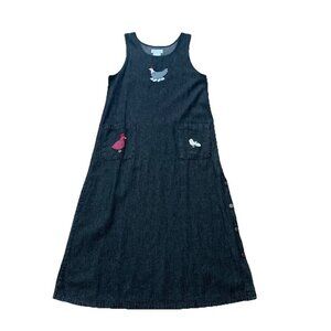 Mandal Bay Womens Medium Chicken Hen Black Denim Jumper Dress Pockets EUC VTG